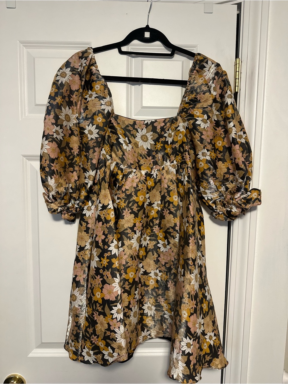 Storia Black Floral Puff-Sleeve Mini Dress with Mustard and Cream Blooms
